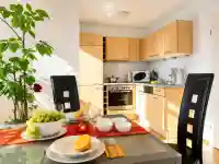 Wohnzimmer Ferienwohnung 106 – Küchenbereich am Tag