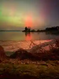 Rote Nordlichter über dem zugefrorenen See mit Schilf im Vordergrund