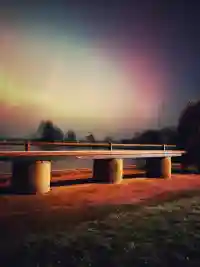 Rote Nordlichter leuchten hinter Bäumen am Ufer