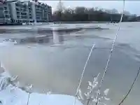 Blick über das eisige Ufer auf den zugefrorenen See und entfernte Gebäude